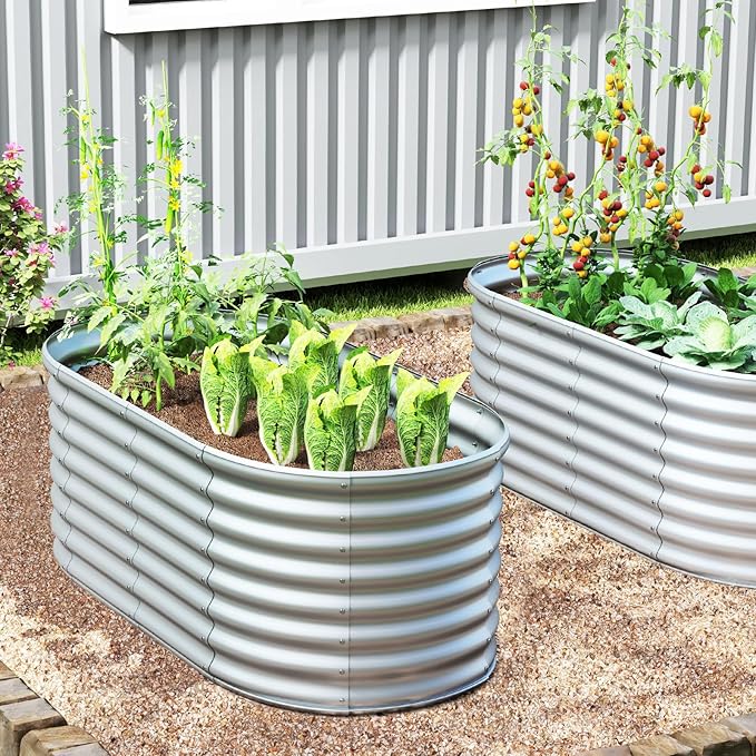 Giantex 5x3x2ft Raised Garden Bed, Large Metal Elevated Oval Planter Bed, 193 Gallon Capacity, Outdoor Planting Garden Box for Vegetable Flower Herb Grow (Grey)