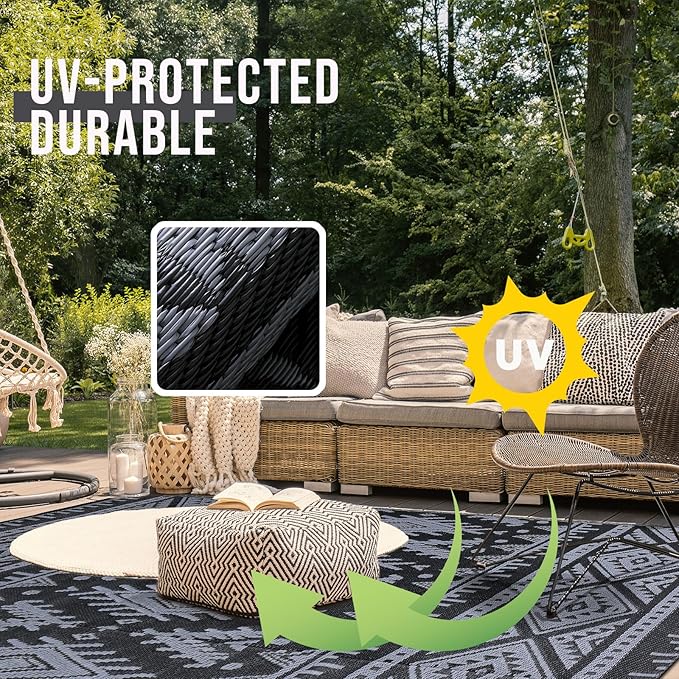 OLANLY Outdoor Rug Waterproof 6x9 ft, Reversible Outdoor Plastic Straw Rug, Boho Patio Rug, Indoor Outdoor Carpet, RV Mat Outside for Patio, Camp, Picnic, Balcony, Deck, Backyard, Black & Grey