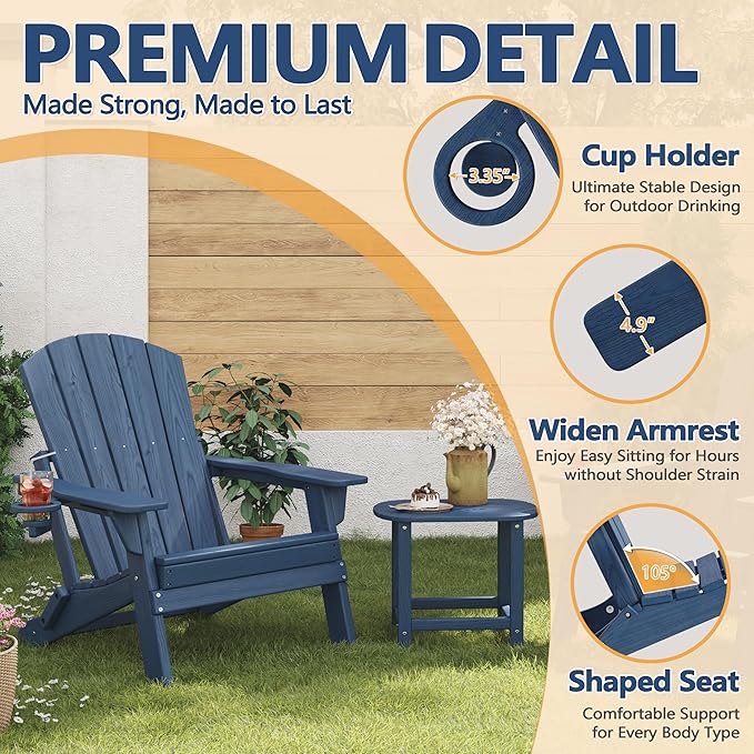 Folding Adirondack Chair Set of 2 with Cup Holder, HDPE All Weather Resistant Plastic Outdoor Patio Chairs, Heavy Duty Fire Pit Seating for Backyard Lawn Garden, Wooden Textured Design(Navy Blue)