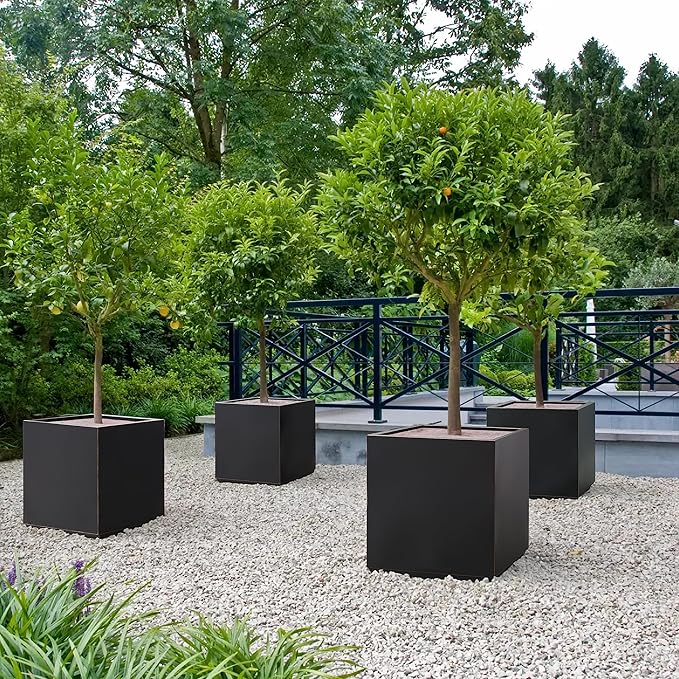 Metallic Heavy Cube Planter Box, No Assemble, Seamless Large Square Planter for Trees, Plants and Flowers 21”Lx21”Wx24”H 35Pounds Black with Hand Brushed Gold Rim