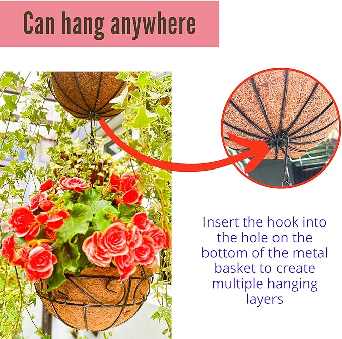 LaLaGreen Hanging Planter for Outdoor Plants (6 Pack, 10 Inch) Hanging Baskets with Coco Liner, Metal Wire Flower Basket Pots with Hook Hanger Balcony Porch Farmhouse Country Style Garden Decor
