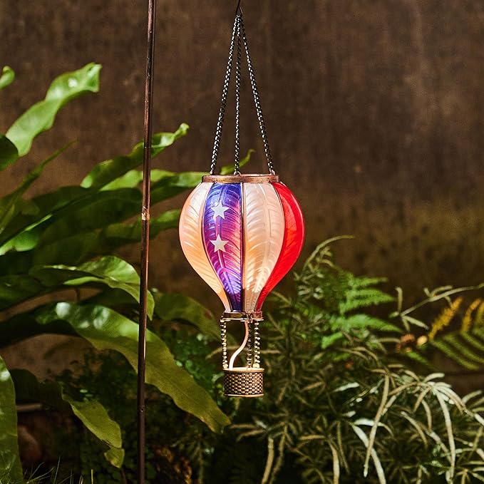 TERESA'S COLLECTIONS America Fourth of July Decorations, Hot Air Balloon Solar Lantern for Garden Decor,Gifts for Women + Memorial Day 17.7'' Hot Air Balloon Solar Lantern