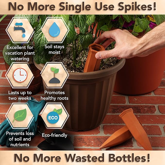 6 Pack Terracotta Watering Spikes for Indoor and Outdoor Plants - Simple and Easy Setup - Keep Plants Happy and Watered While You are Away
