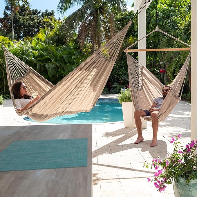 LA SIESTA® - Large Comfort Domingo Hammock Swing Chair & CasaMount - Weather & Tear Resistant Hanging Chair - Outdoor Indoor Hammock Chair w/Suspension Kit for Walls Ceilings Square Beams - Almond