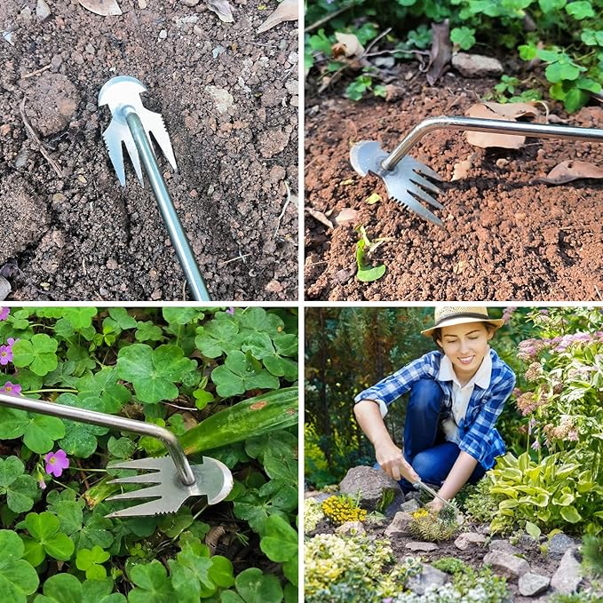 Weeding Artifact Uprooting Garden Weeding Tool, Upgraded Weed Removal Tool, Stainless Steel/Manganese Steel Weed Puller Manual Weeders for Home Gardening Yard Farmland (12in Metal Wood Handle)