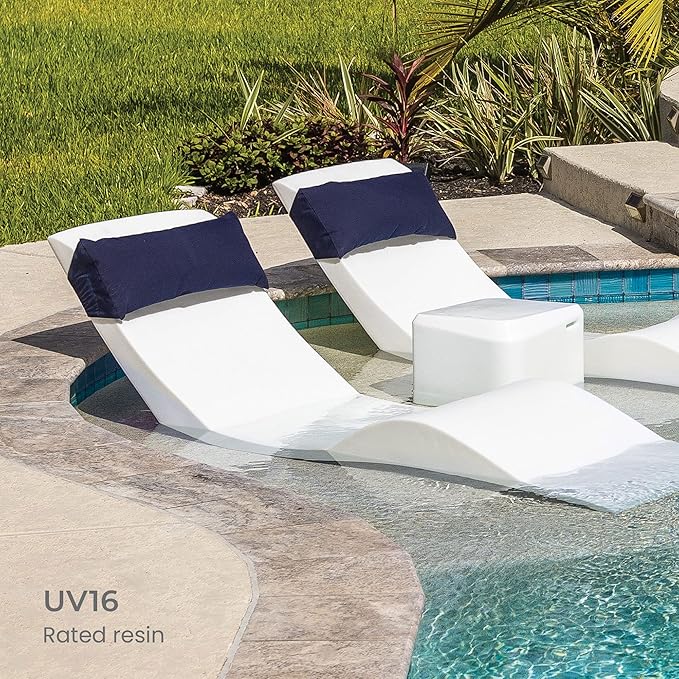 Aqua Outdoors in-Pool DEEP Ledge Chaise Set - Two Chaises - Two Headrest Pillows - Chaise Risers and One Large in Pool Side Table - for ledges 9"-14" inches Deep (White Granite-Navy)