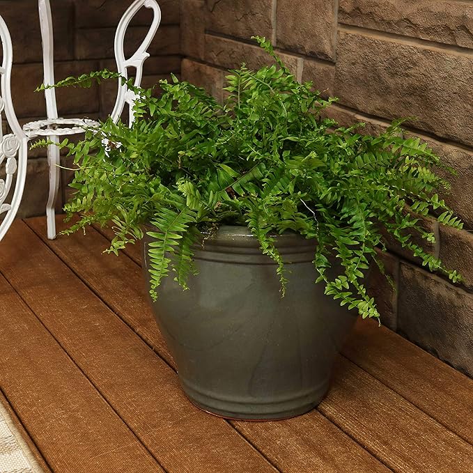 Sunnydaze 15" Large Ceramic Plant Pot - Round Outdoor Glazed Ceramic Planter Pot with Drainage - Gray - Studio