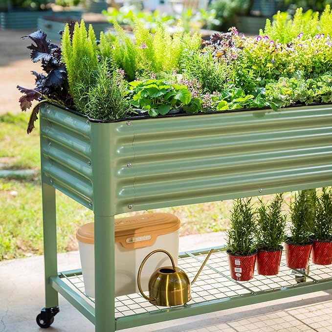 Elevated Raised Garden Bed-V Series, 2' x 4' Garden Beds with Legs & Storage Rack for Patio Porch, 700 Lbs Weight Capacity, Outdoor Planter Boxes for Gardening Herbs Vegetables Flowers, Olive Green