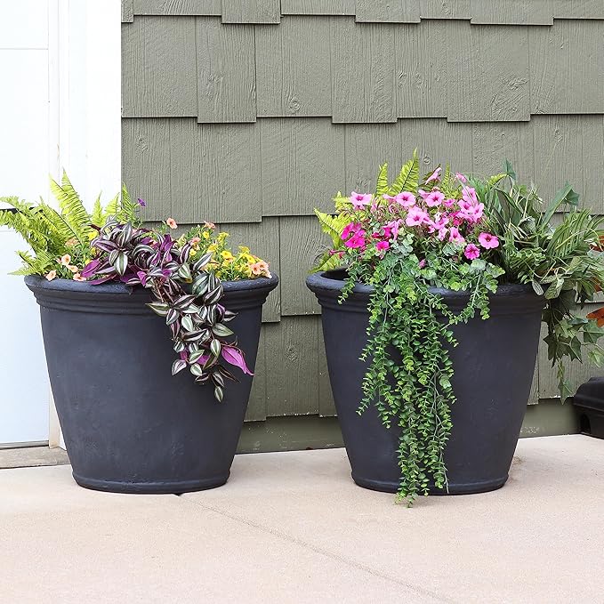 Sunnydaze 24-Inch Anjelica Large Plastic Pot for Plants - Outdoor Polyresin Round Planter with Drillable Drainage Holes - Slate - 2pk
