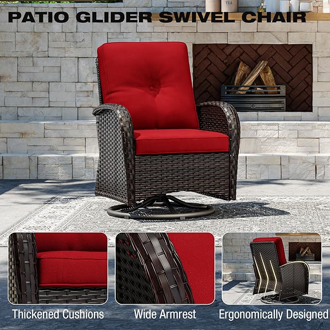 Joyside 9 Piece Patio Furniture Set, Outdoor Wicker Conversation Sets with Swivel Rocker Chairs and Sofa, Thick Cushion, Rattan Patio Sectional for Porch, Deck Use (Brown/Red, 9 PCS)