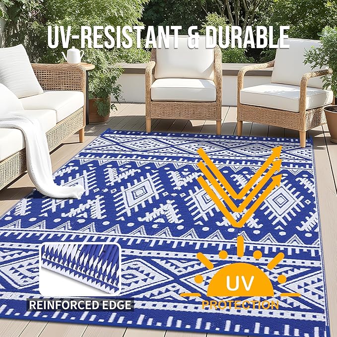 OLANLY Outdoor Rug Waterproof 6x9 ft, Reversible Outdoor Plastic Straw Rug, Boho Patio Rug, Indoor Outdoor Carpet, RV Mat Outside for Patio, Camp, Picnic, Balcony, Deck, Backyard, Blue & White