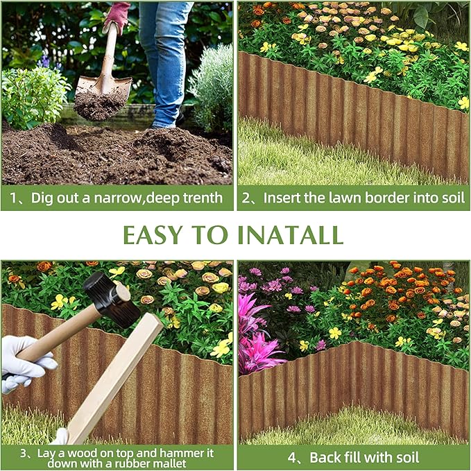 Metal Garden Edging Border, Corrugated Steel Landscaping, DIY for Lawn (Rusty, 6 Inch x 10FT)