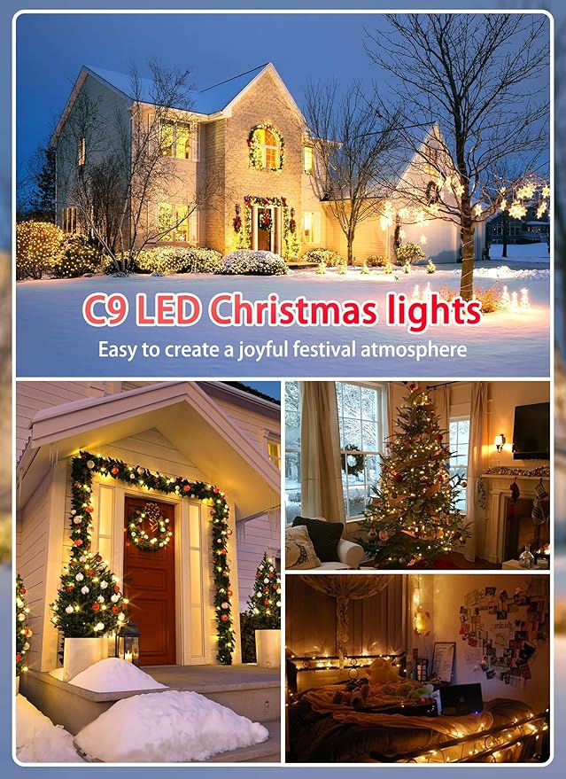 C9 LED Christmas Lights Outdoor, 100 Feet C9 String Lights with 100 Shatterproof Matte Bulbs, Connectable Waterproof Christmas Tree Lights for Holiday Roofline Backyard Garden Decor, Warm White