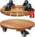 Idzo 2-Pack 14 Inch Acacia Wood Rolling Round Plant Caddy, Plant Caster for Heavy Duty Plant Stand with 360° Lockable Wheels, 264 lbs Capacity Caddy for Indoor and Outdoor Use, Natural Wood