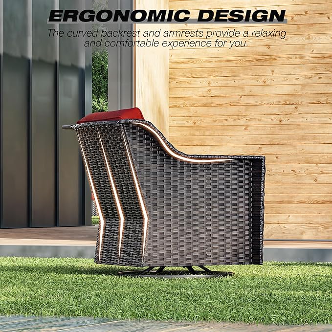 Joyside Wicker Patio Furniture Sets, 5 Pieces Upgraded Large Size Outdoor Furniture with Swivel Rocking Patio Chairs, Outdoor Ottoman and Side Table, Thick Cushions, Wide Armrest