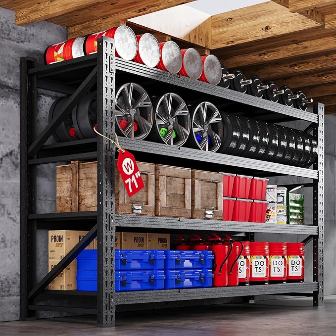 71” W Storage Shelves Heavy Duty, 5000LBS Metal Garage Shelving Units, 4 Tier Storage rack shelf, Steel Industrial Shelving , Adjustable Standing Shelf for Basement/Warehouse 71"W x 24"D x 70"H, Black
