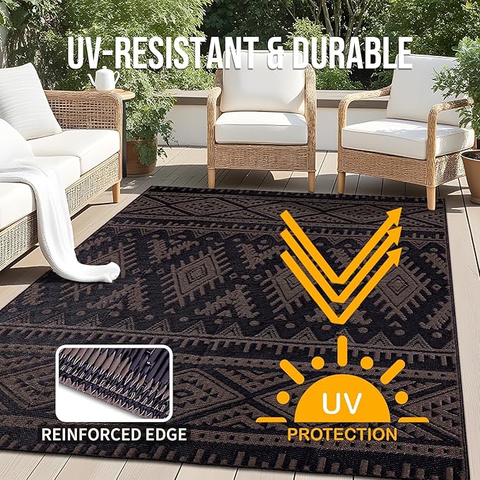 OLANLY Outdoor Rug Waterproof 4x6 ft, Reversible Outdoor Plastic Straw Rug, Boho Patio Rug, Indoor Outdoor Carpet, RV Mat Outside for Patio, Camp, Picnic, Balcony, Deck, Backyard, Black & Brown