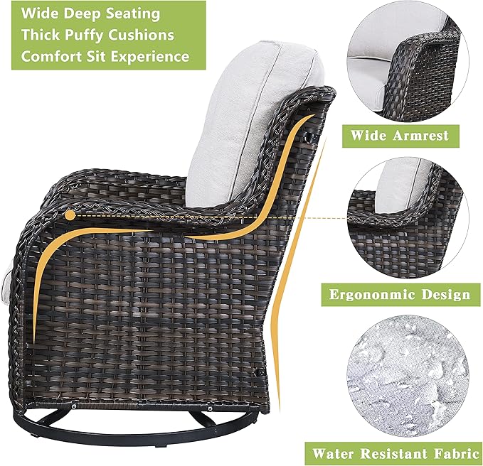 Outdoor Patio Swivel Rocker Chairs - Single Wicker Rattan Patio Swivel Rocking Chair with High Back,Deep Seating and Comfort Cushions for Deck Porch Garden,Brown/Beige