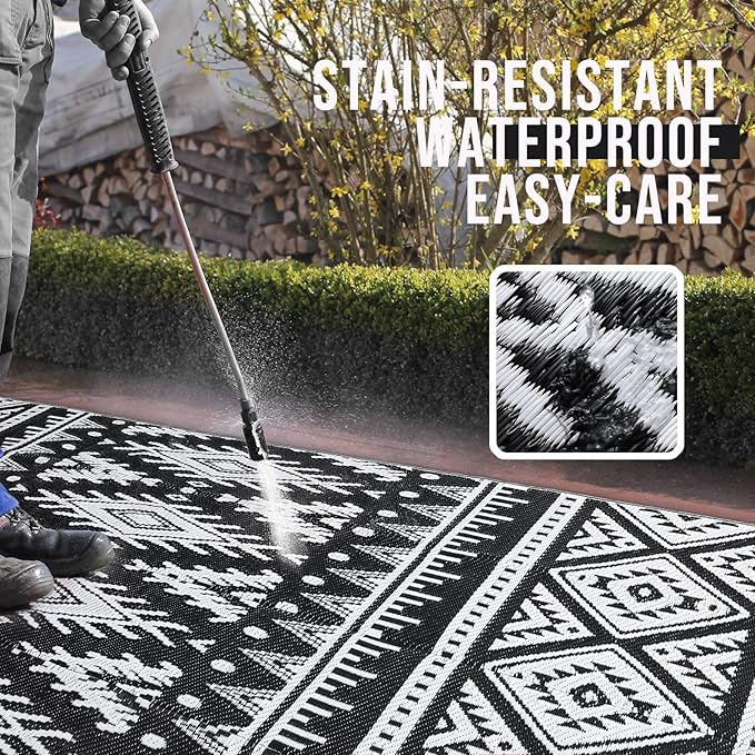 OLANLY Outdoor Rug Waterproof 9x12 ft, Reversible Outdoor Plastic Straw Rug, Boho Patio Rug, Indoor Outdoor Carpet, RV Mat Outside for Patio, Camp, Picnic, Balcony, Deck, Backyard, Black & White