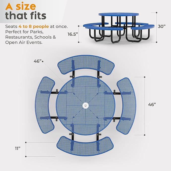 Metal Picnic Tables for Outdoors with Umbrella Hole - Coated Steel Heavy Duty Commercial Grade Table with Adjustable Seats (Blue, 46 in, Round, Punched Steel)