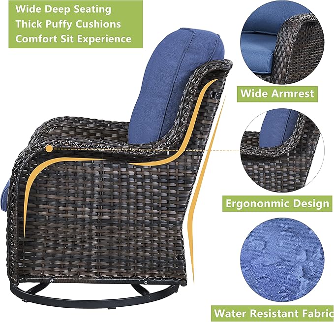 Outdoor Patio Swivel Rocker Chairs - 3 Piece Patio Bistro Set,Wicker Patio Furniture Set with 2 Swivel Rocking Chairs and 1 Glass Top Side Table for Deck Porch Garden,Brown/Blue