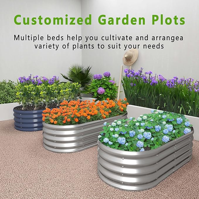 KFN 2PCS 12x1.8x1FT Galvanized Raised Garden Bed,Raised Garden Bed Kit-Oval Metal Vegetable Box,Large Planter Flower Boxes Outdoor,Planting for Vegetables,Flower,Herb,Grey,0.7mm