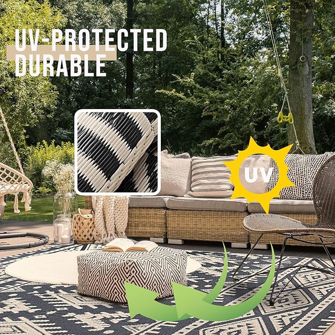 OLANLY Outdoor Rug Waterproof 5x8 ft, Reversible Outdoor Plastic Straw Rug, Boho Patio Rug, Indoor Outdoor Carpet, RV Mat Outside for Patio, Camp, Picnic, Balcony, Deck, Backyard, Black & Beige