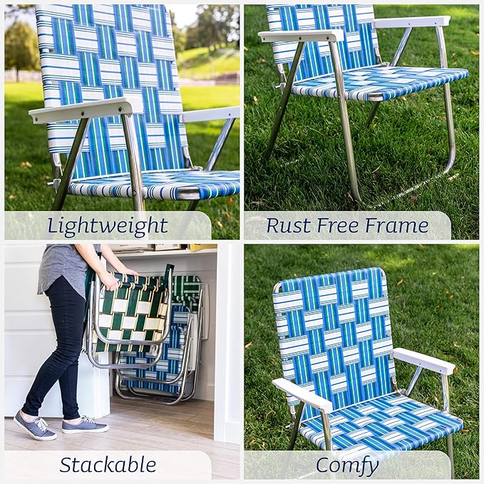 Lawn Chair USA Folding Aluminum Outdoor Patio Lawn Chair | Heavy-Duty Webbed Chairs for Camping, Sports, Beach, Yard & Tailgating | Lightweight Portable | Classic - Blue Wave with Blue Arms
