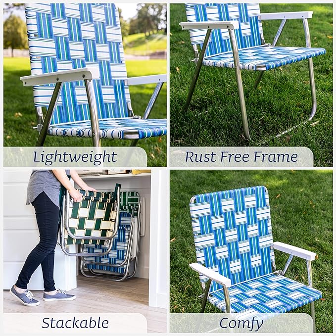 Lawn Chair USA Folding Aluminum Outdoor Patio Lawn Chair | Heavy-Duty Webbed Chairs for Camping, Sports, Beach, Yard & Tailgating | Lightweight Portable | Classic - Green and White with White Arms