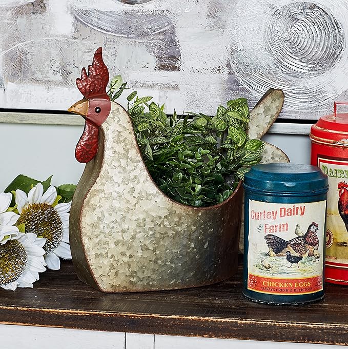 Deco 79 Metal Rooster Indoor Outdoor Planter Large Planter Pot, Planter 12" x 8" x 16", Gray