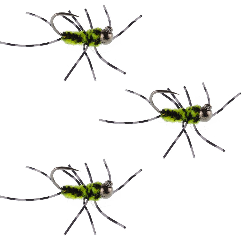 3 Pack Barbless Pat's Barred Rubber Legs Tungsten Bead Jigged Black/Chartreuse Euro Nymph  - Hook Size 6