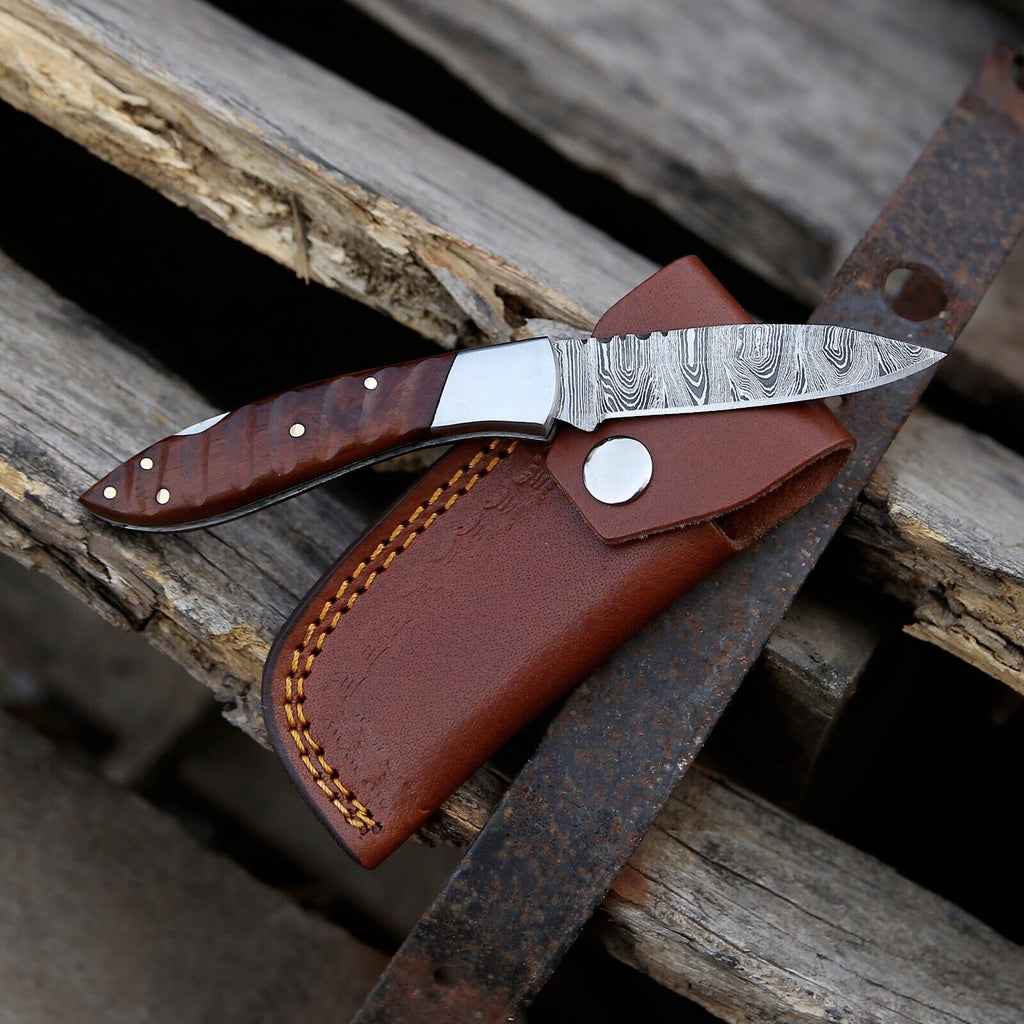 Custom Handmade Damascus Steel Pocket Knife with Rosewood Handle & Steel Bolster – 3" Overall Length, Includes Leather Sheath