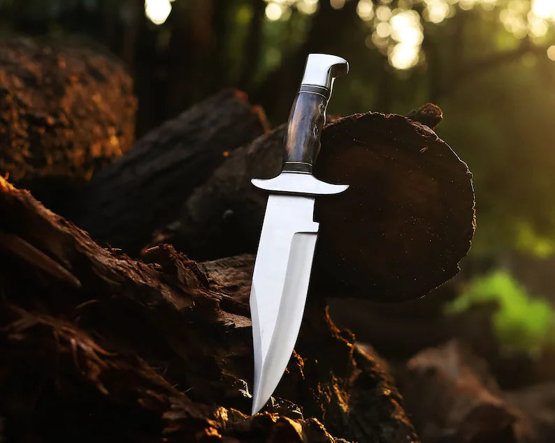 Custom Handmade J2 Steel Bowie Knife – 13" Blade, Color Bone Handle & Steel Guard with Leather Sheath