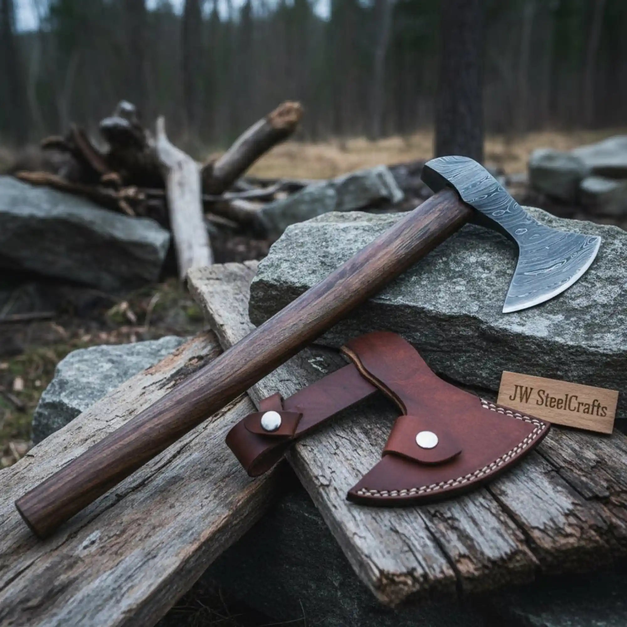 Viking-Style Hand-Carved Battle Axe | Blackened Wood Handle & Leather Sheath