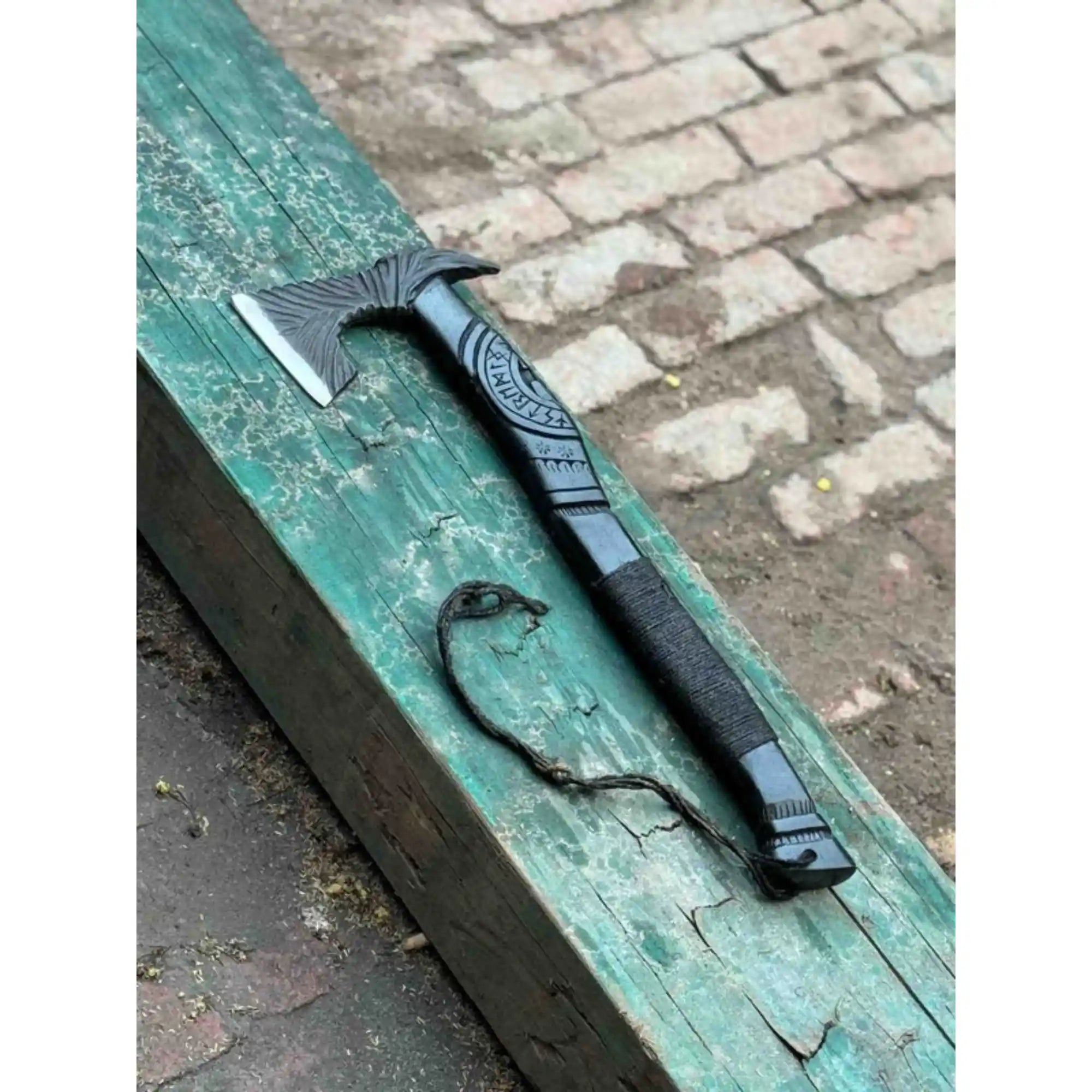 Viking-Style Hand-Carved Battle Axe | Blackened Wood Handle & Leather Sheath