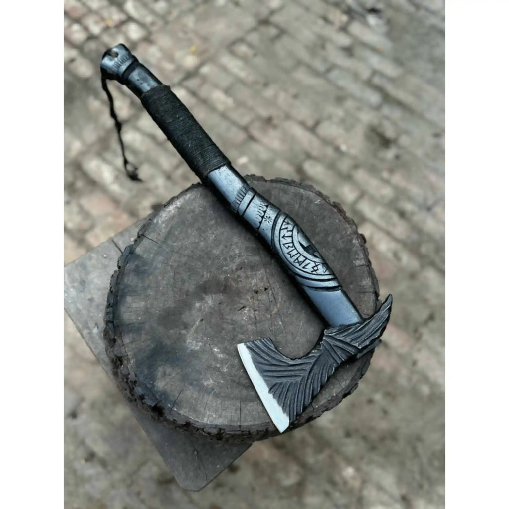 Viking-Style Hand-Carved Battle Axe | Blackened Wood Handle & Leather Sheath