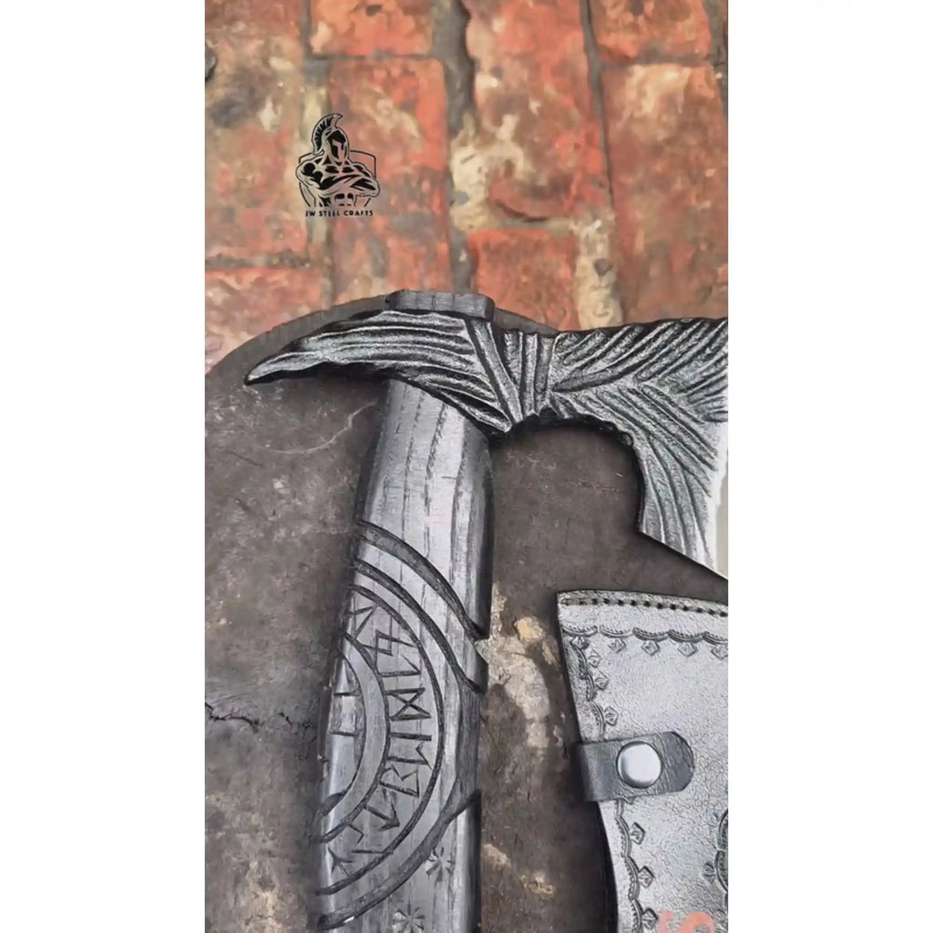 Viking-Style Hand-Carved Battle Axe | Blackened Wood Handle & Leather Sheath