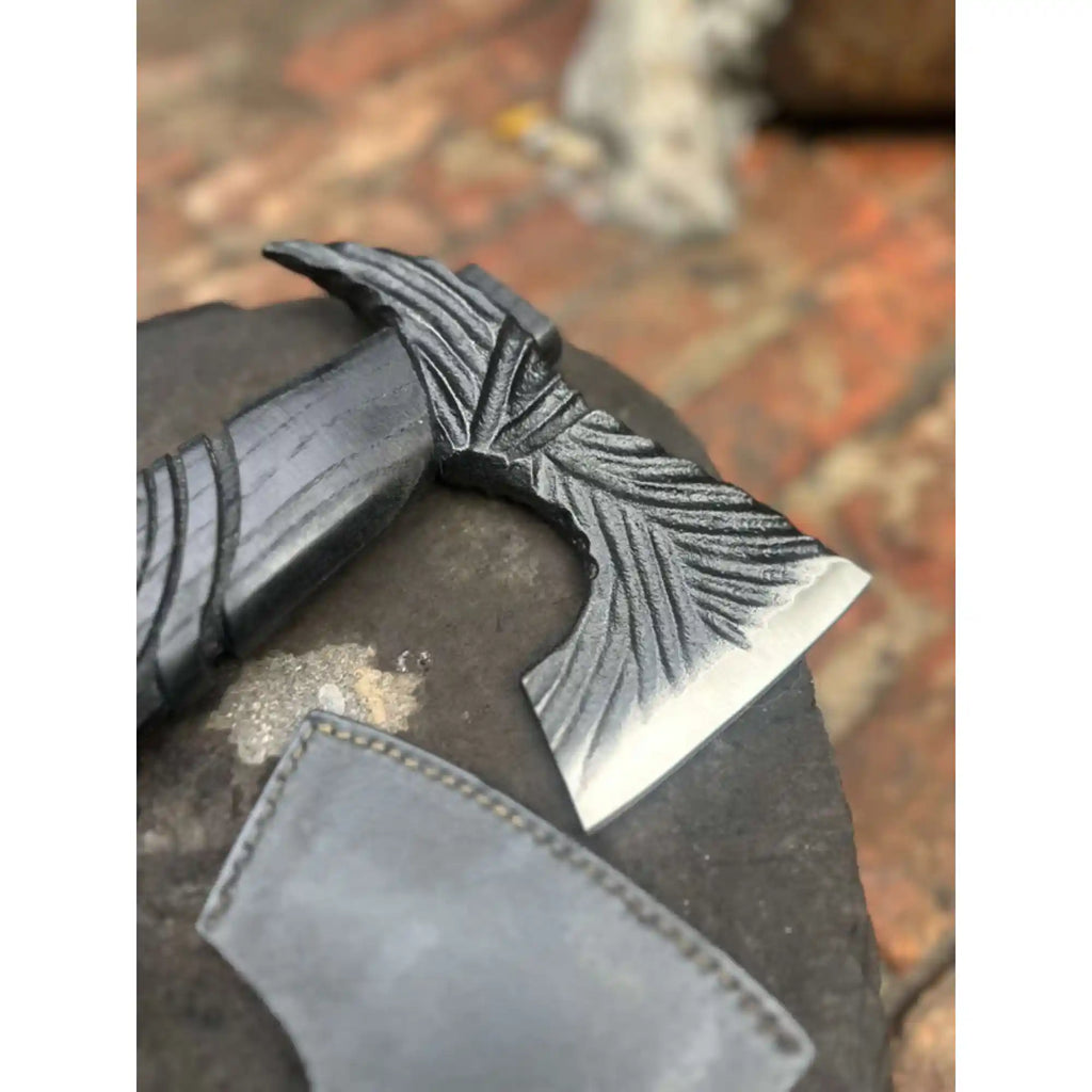 Viking-Style Hand-Carved Battle Axe | Blackened Wood Handle & Leather Sheath