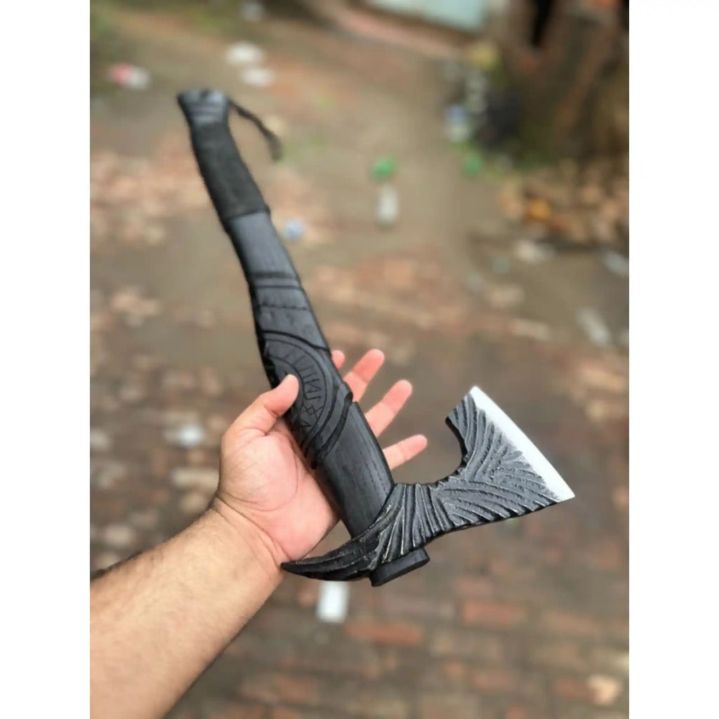 Viking-Style Hand-Carved Battle Axe | Blackened Wood Handle & Leather Sheath