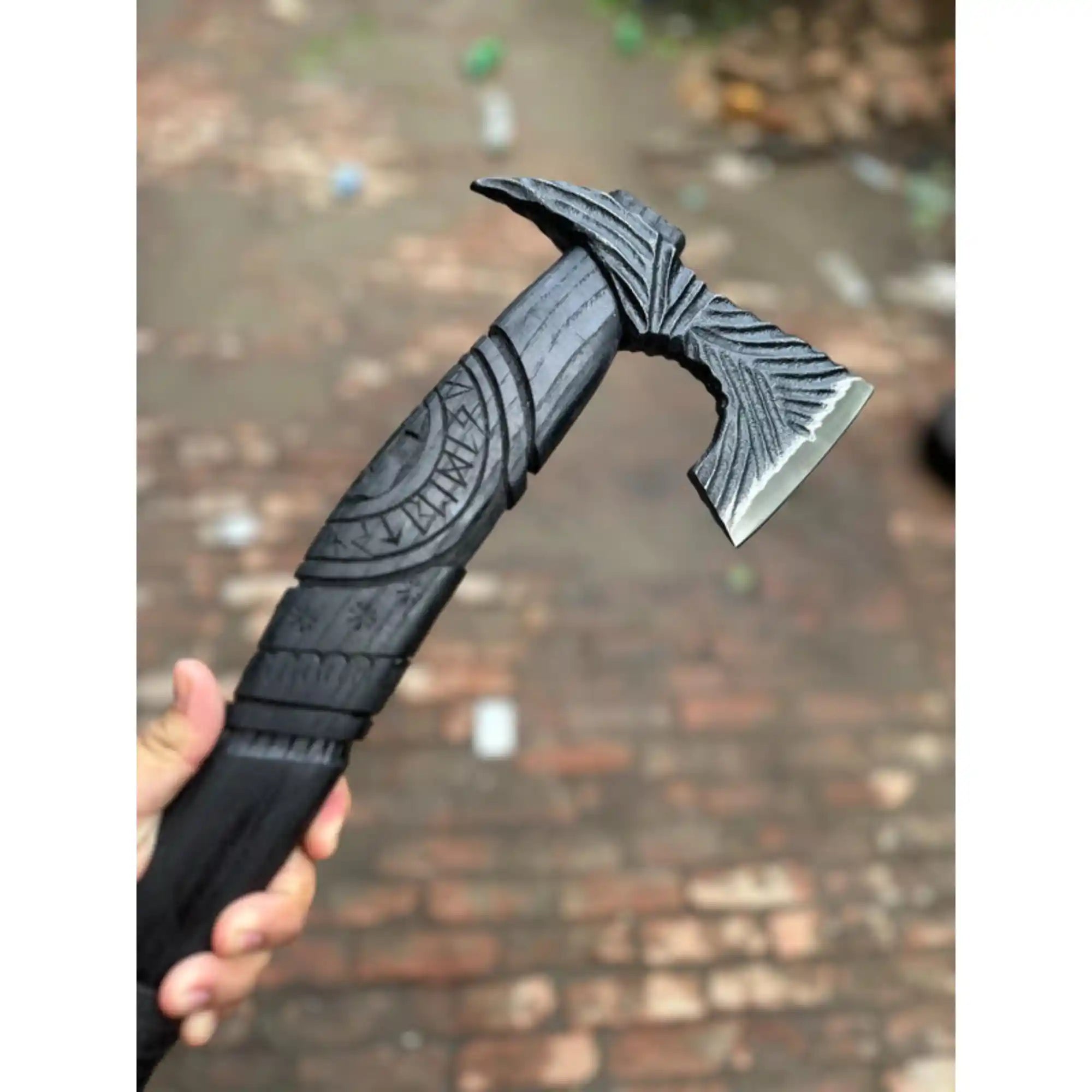 Viking-Style Hand-Carved Battle Axe | Blackened Wood Handle & Leather Sheath