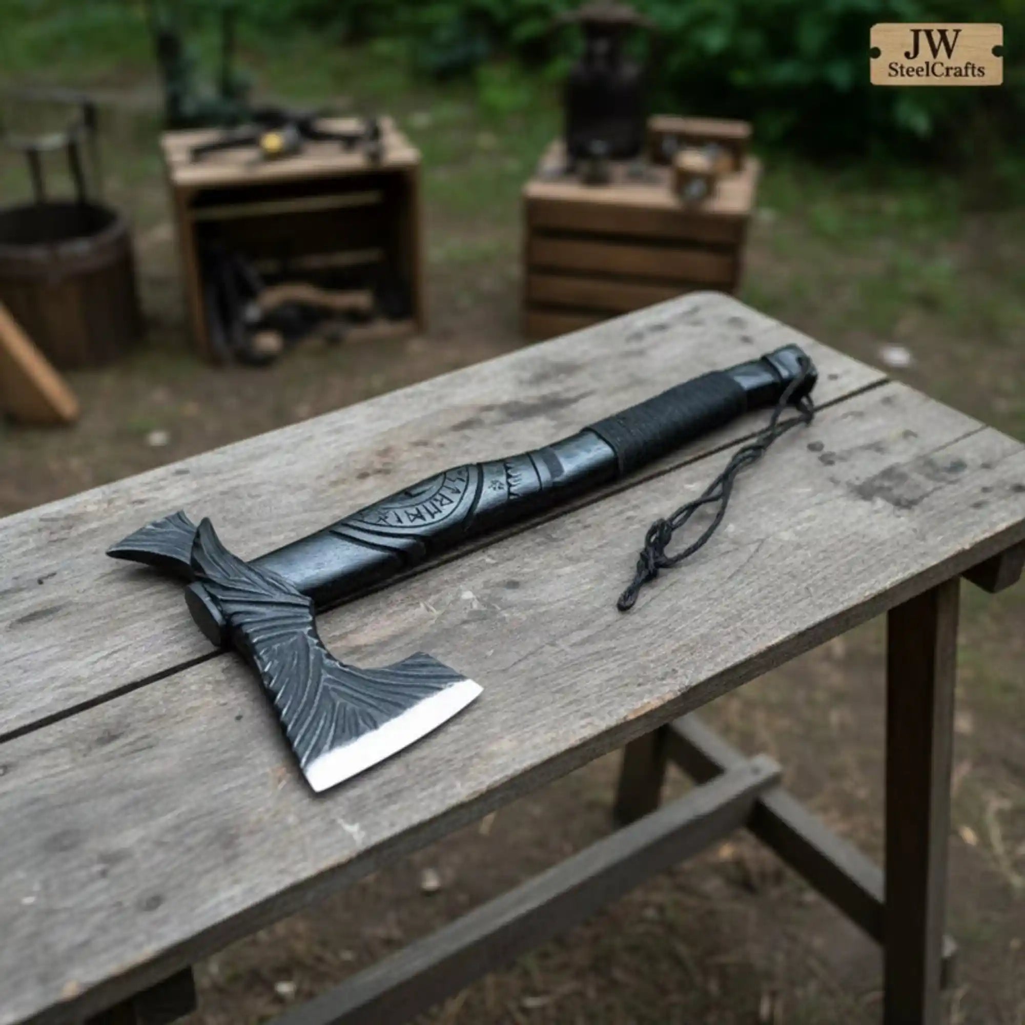 Viking-Style Hand-Carved Battle Axe | Blackened Wood Handle & Leather Sheath