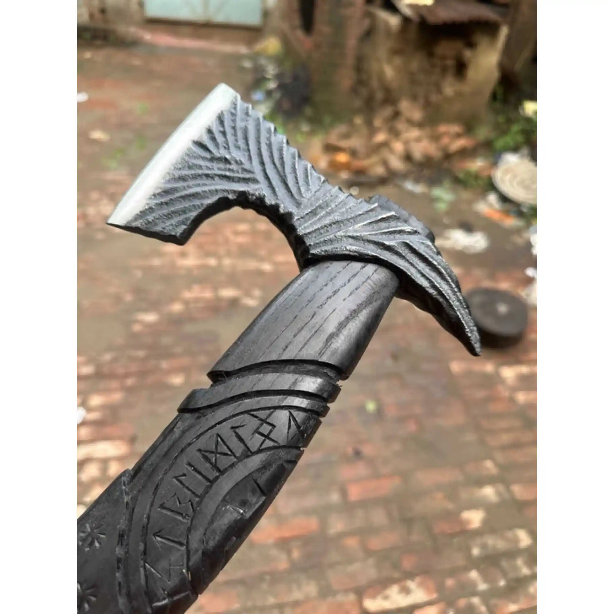Viking-Style Hand-Carved Battle Axe | Blackened Wood Handle & Leather Sheath