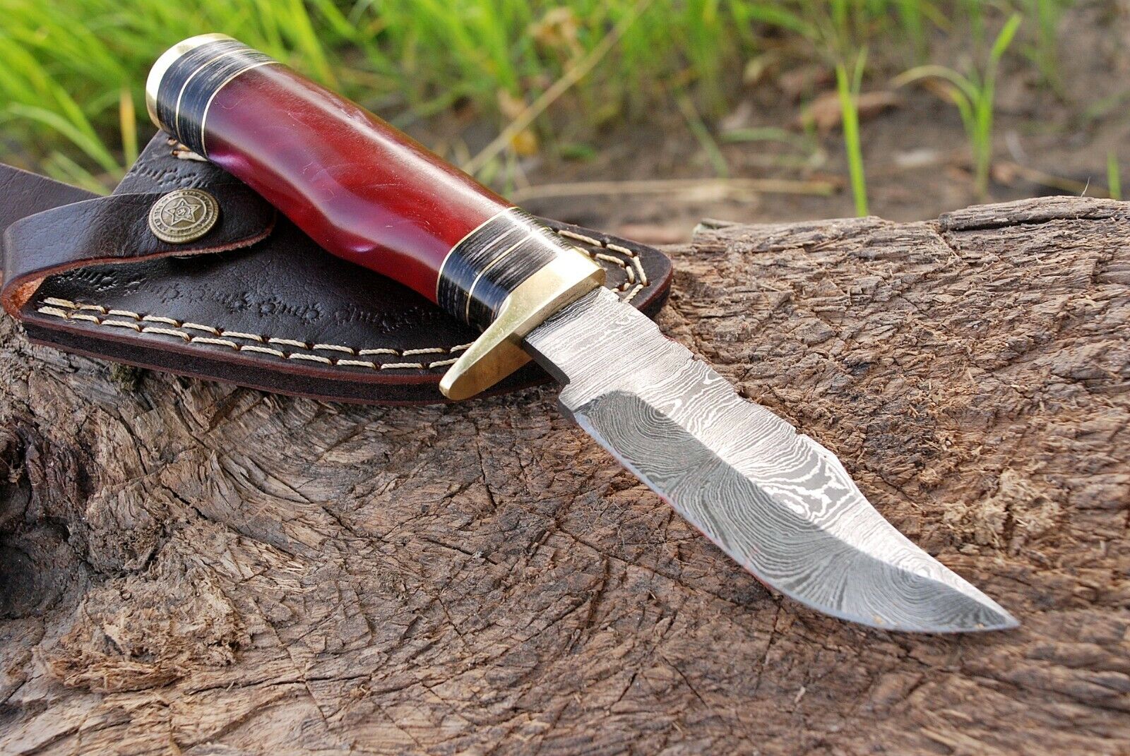 Custom Handmade 8" Damascus Steel Hunting Knife with Brass Guard and Resin Handle, Includes Leather Sheath