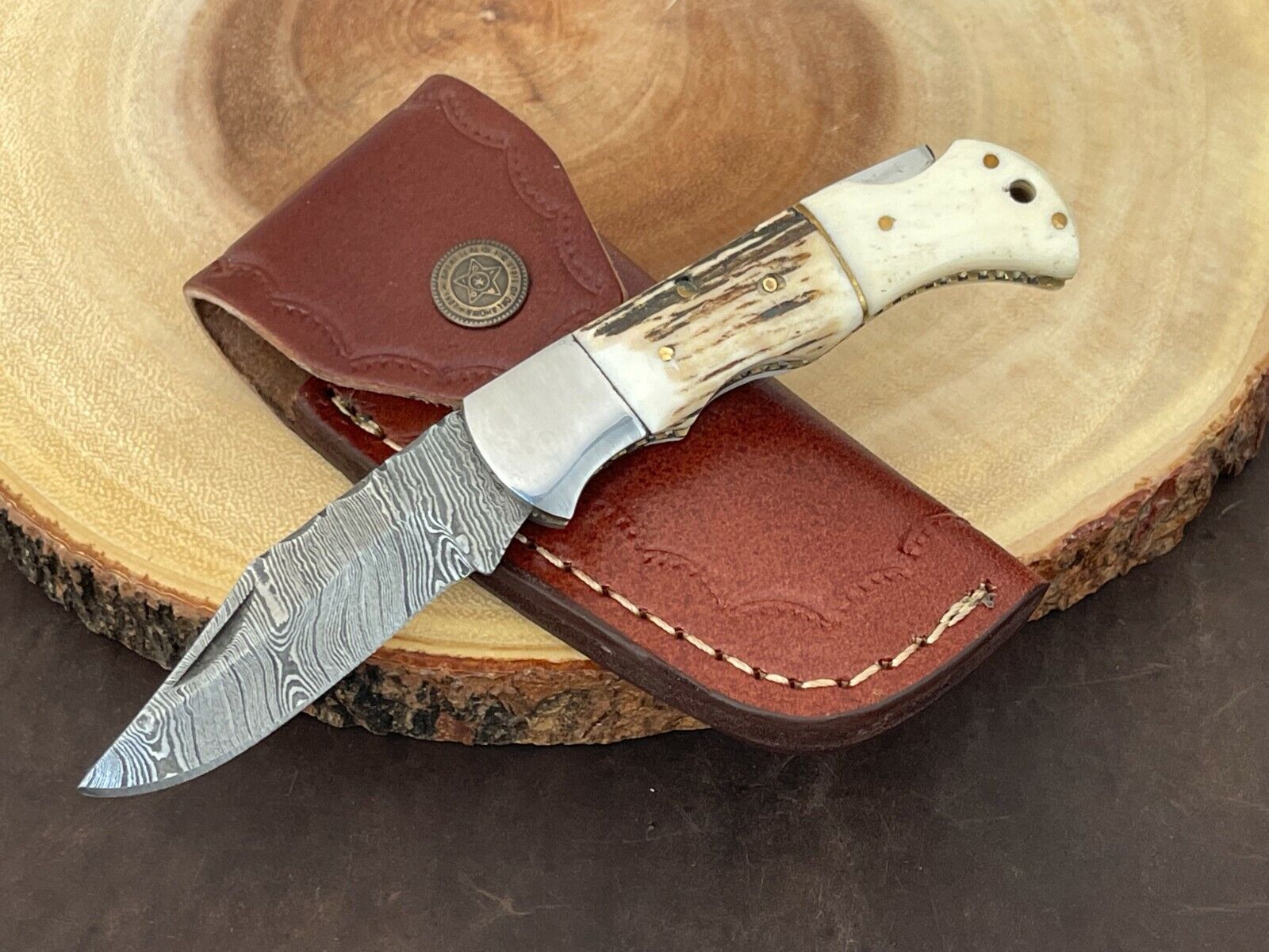 Custom Handmade Damascus Steel Pocket/Folding Knife with Stag & Camel Bone Handle, Steel Bolster – 3" Overall Length, Includes Leather Sheath