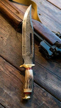 Custom Handmade 14" Damascus Steel Bowie Knife with Brass Guard & Stag Horn Handle – Includes Leather Sheath