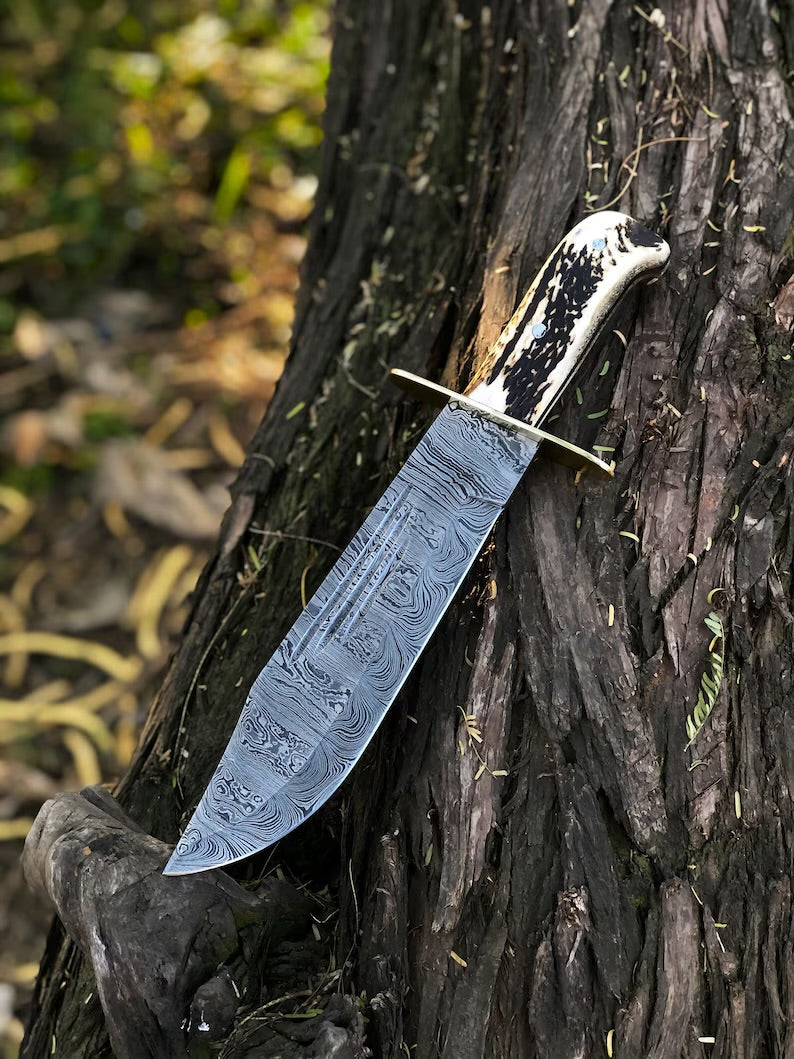 Custom Handmade 15-Inch Damascus Steel Bowie Knife with Stag Handle and Brass Guard