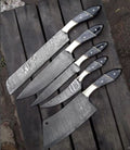 Custom Handmade Damascus Steel Kitchen Knives Set with Pakkawood & Buffalo Horn Handles | Steel Bolster | Includes Leather Sheath