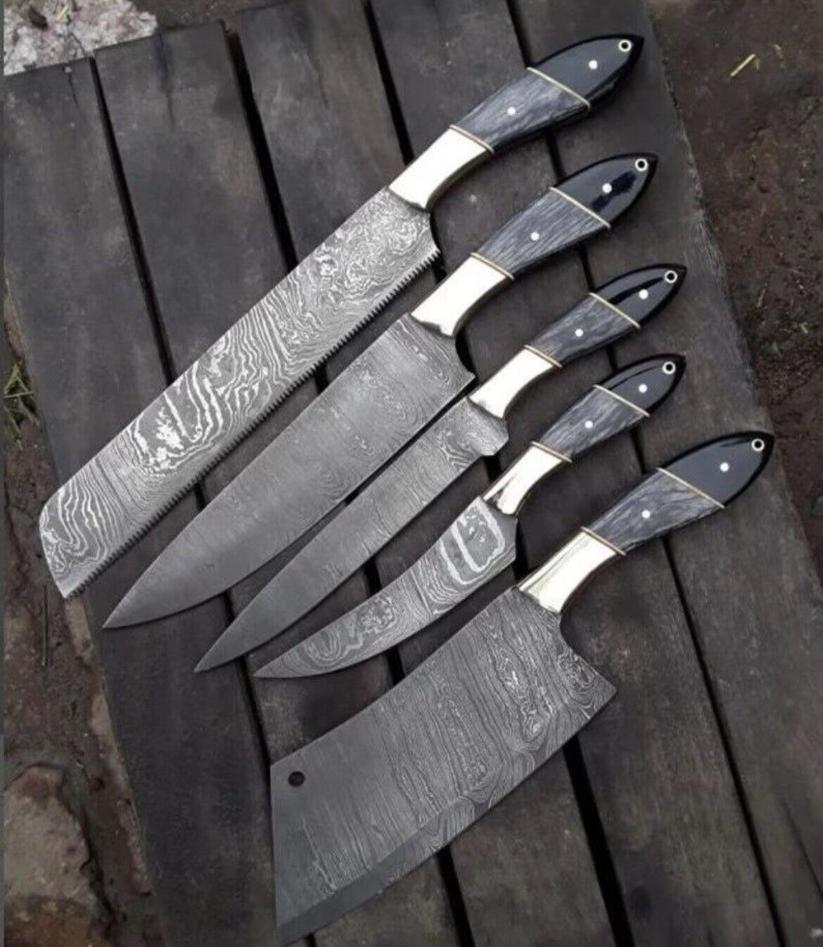 Custom Handmade Damascus Steel Kitchen Knives Set with Pakkawood & Buffalo Horn Handles | Steel Bolster | Includes Leather Sheath