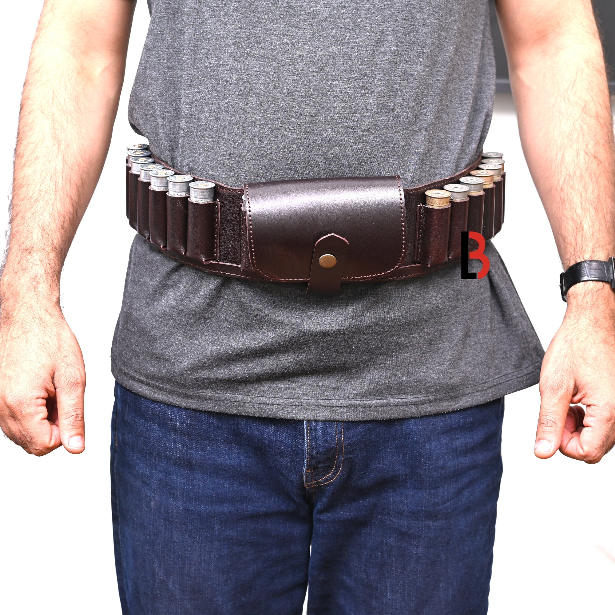 Cowhide Leather Shotshell Bandolier Belt Shotgun Shell Belt Ammunition Carrier, holds 19 shells