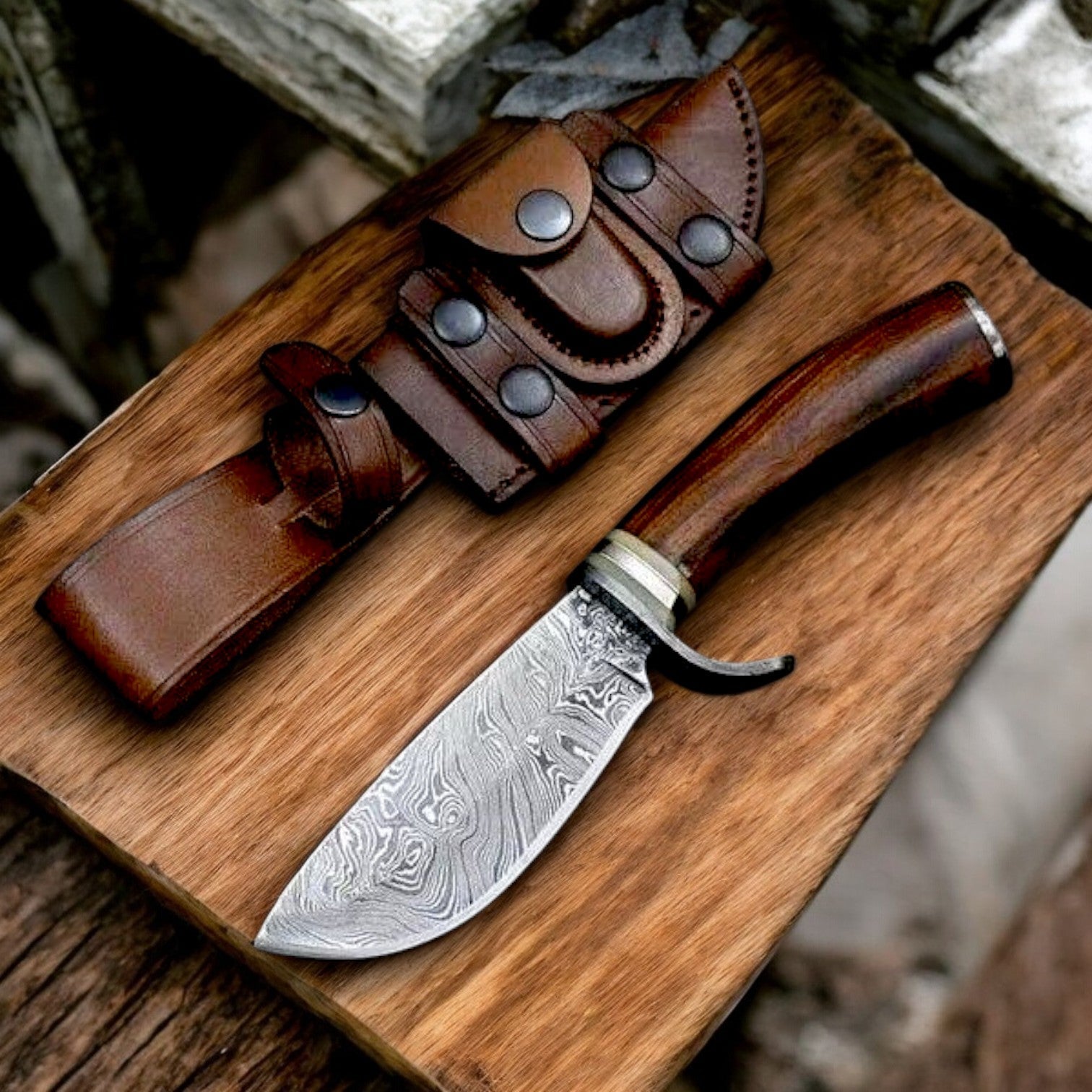 Hunting Big Knife – 9" Full Tang Damascus Steel with Rosewood, Bone & Brass Spacer Handl